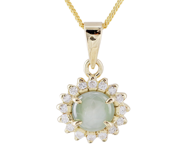 18KT GOLD PENDANT SET WITH 01 CHRYSOBERYL CATS EYE AND 16 DIAMONDS 